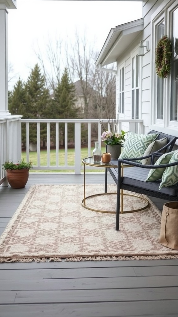 A cozy porch with a stylish outdoor rug, seating, and decorative plants.