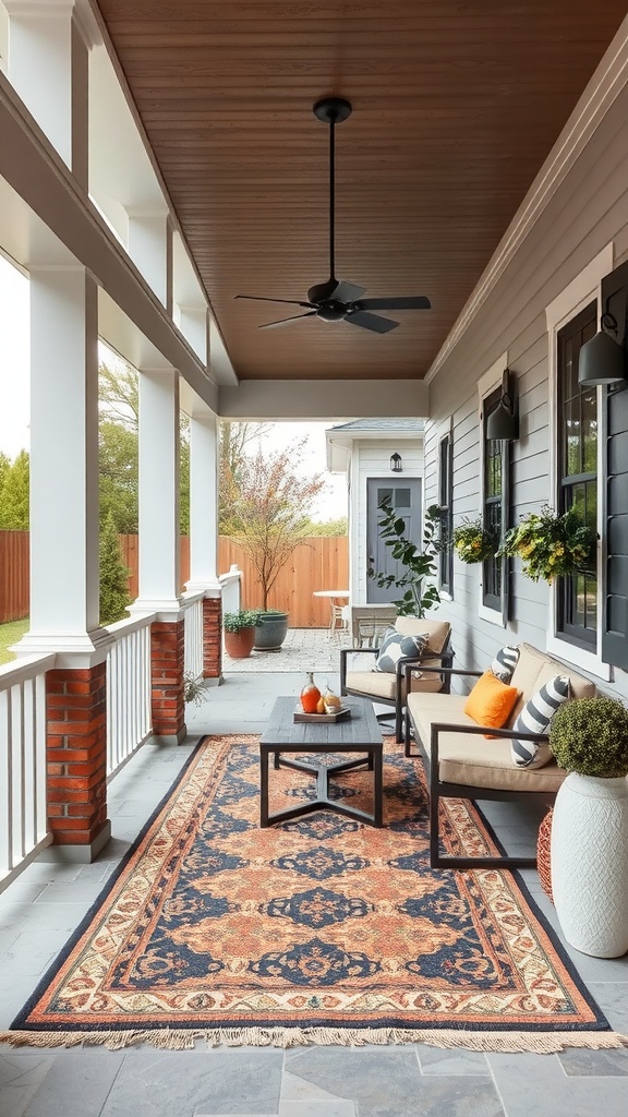 A porch with a stylish outdoor rug, seating area, and decorative lanterns.