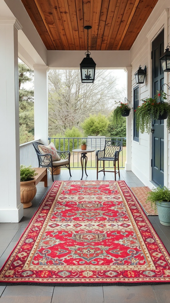 A rustic farmhouse porch with a colorful outdoor rug, potted plants, and comfortable seating.