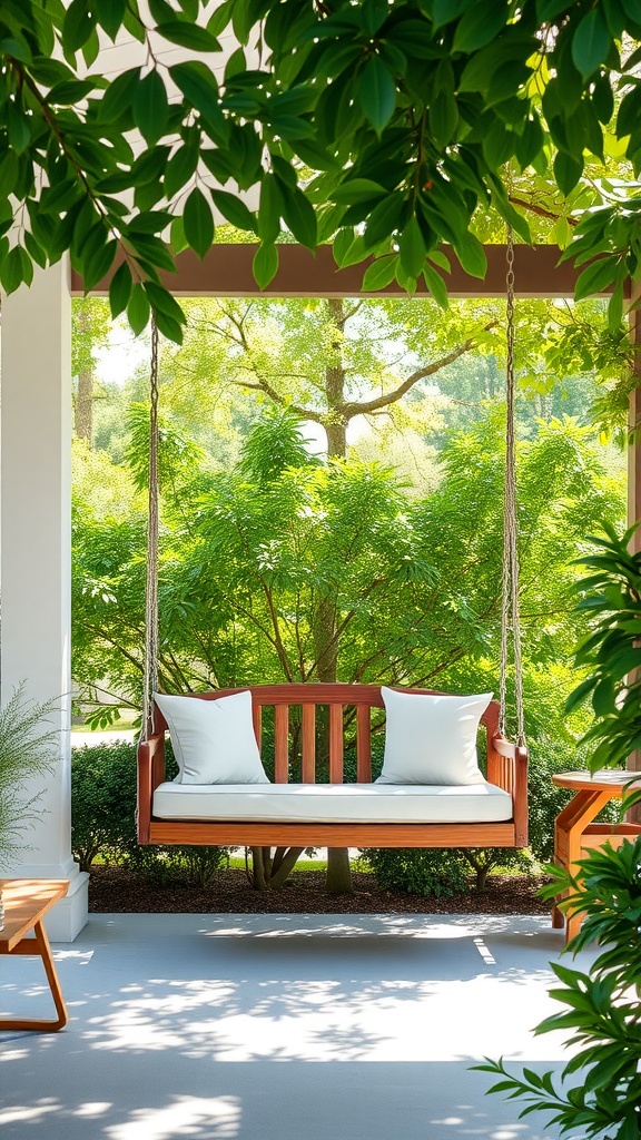 A wooden porch swing with white cushions and pillows hanging from a chain, surrounded by lush green foliage, creating a serene outdoor setting.