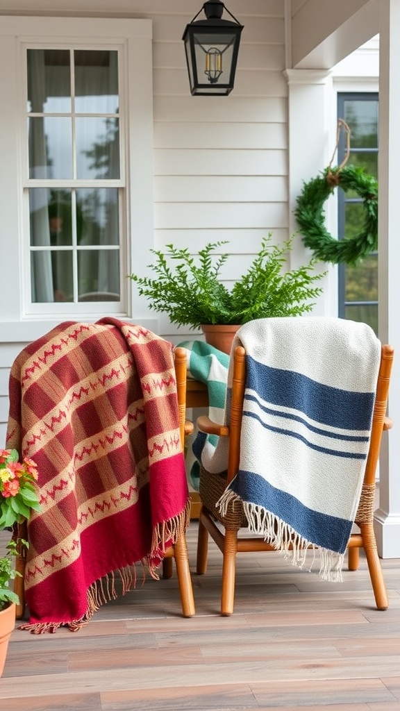 Two colorful throw blankets draped over wooden chairs on a front porch, with a green plant and lantern in the background.