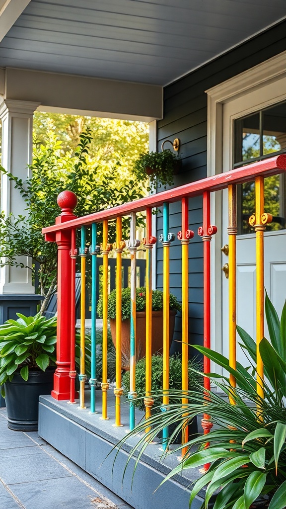 Colorful painted metal railings on a porch with plants and a welcoming entrance.