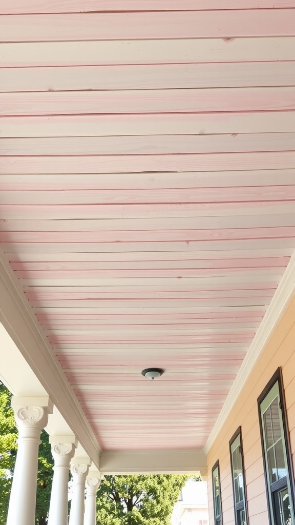 A porch ceiling featuring painted wood planks in soft pink.