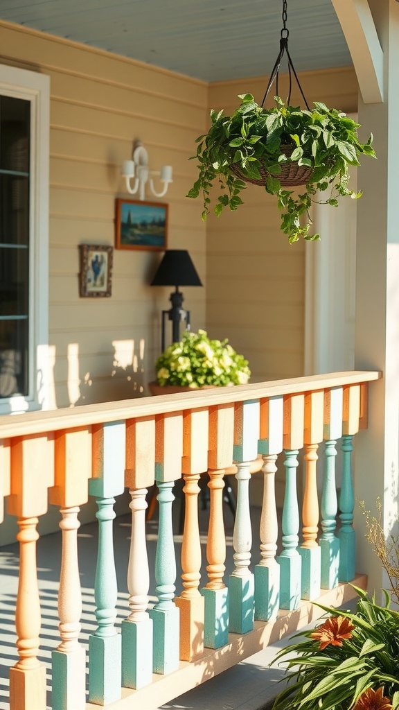 A porch with a hanging plant, decorative railings painted in pastel colors, a wall light fixture, framed pictures, and a potted plant in the background.