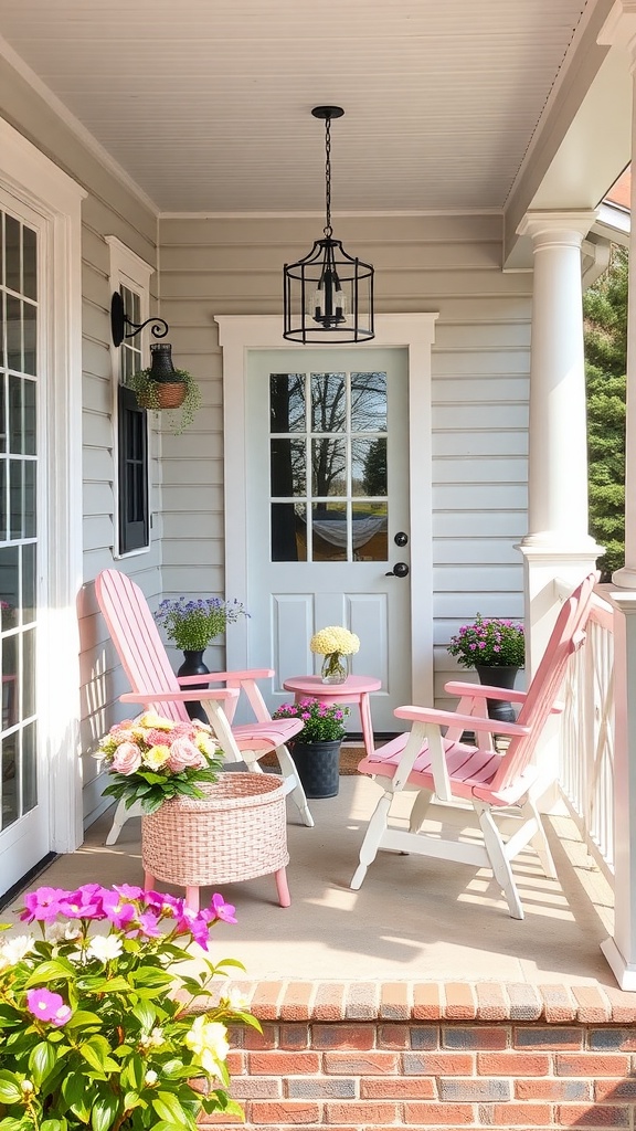 A spring front porch with pastel-colored furniture accents, including pink chairs and a small table, surrounded by vibrant flowers.