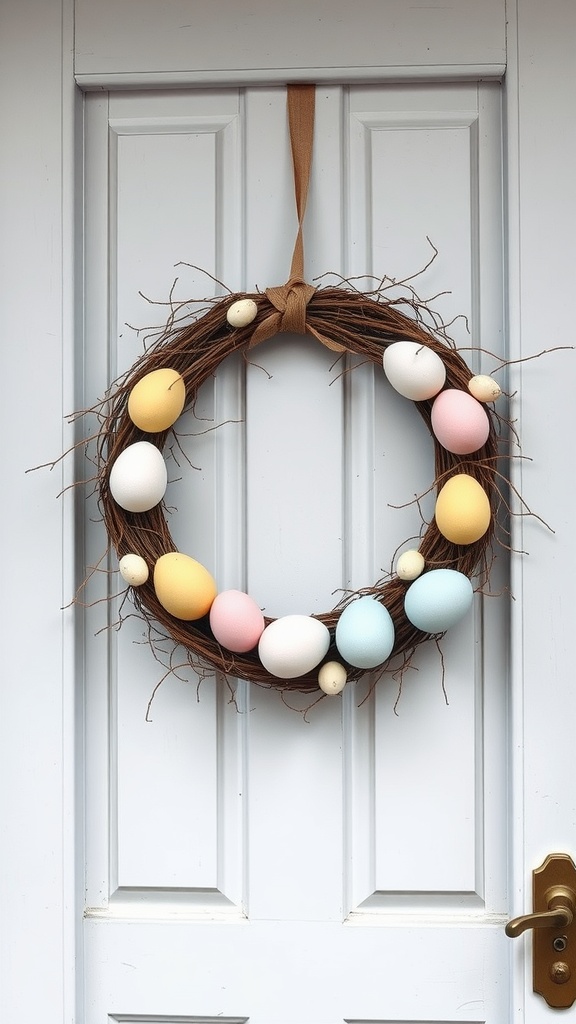 Pastel-colored Easter egg wreath hanging on a door