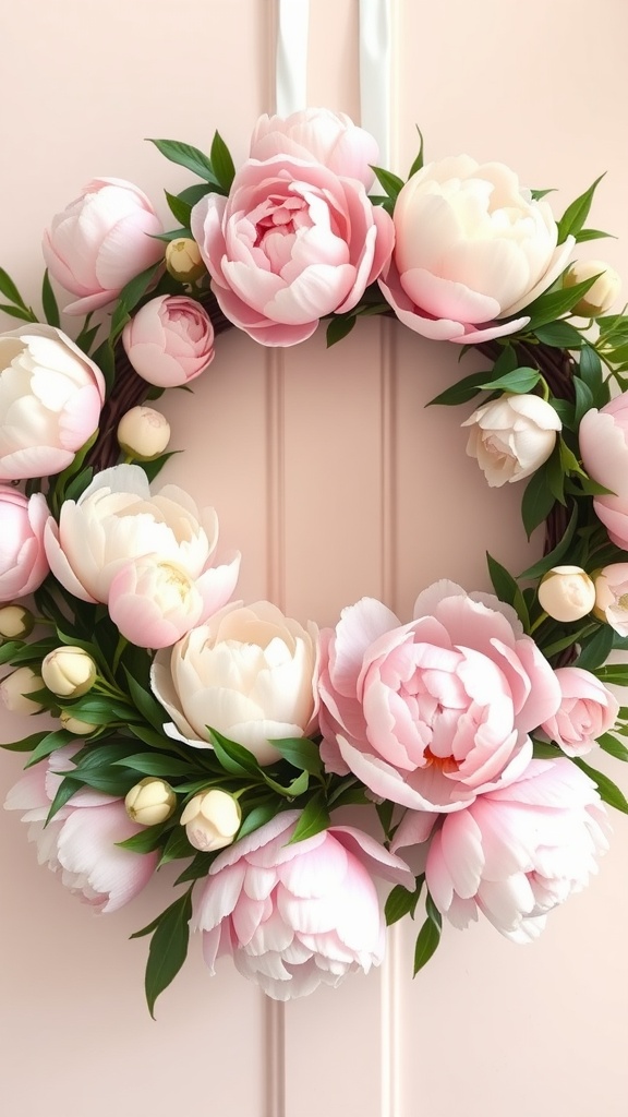 A decorative wreath made of large pink and white peony flowers and green leaves, hanging against a light pink door.