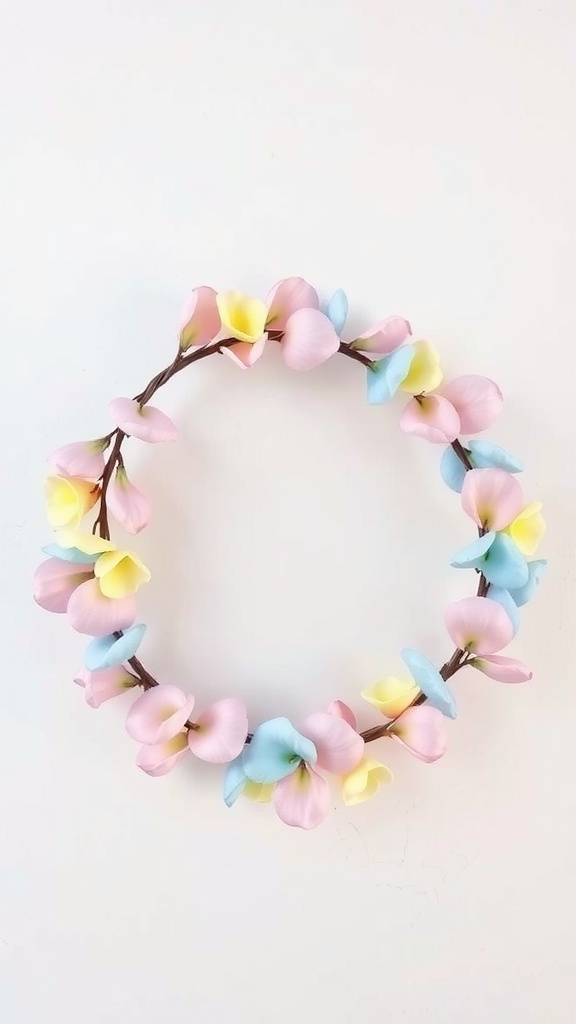 A pastel petal wreath with pink, yellow, and blue flowers arranged in a circular shape.