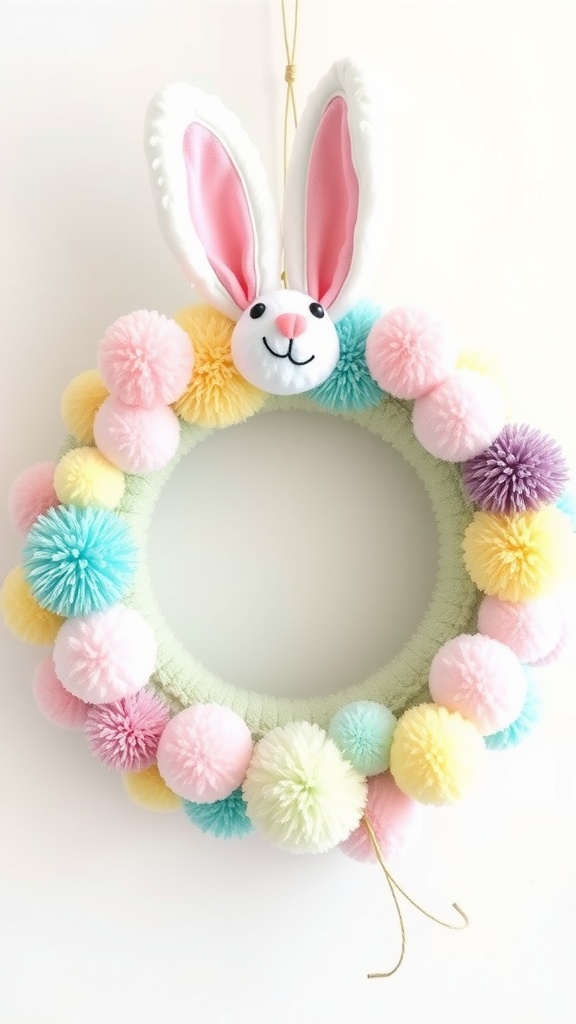 A wreath decorated with colorful pom-poms and a plush bunny face with big ears at the top, hanging on a wall.