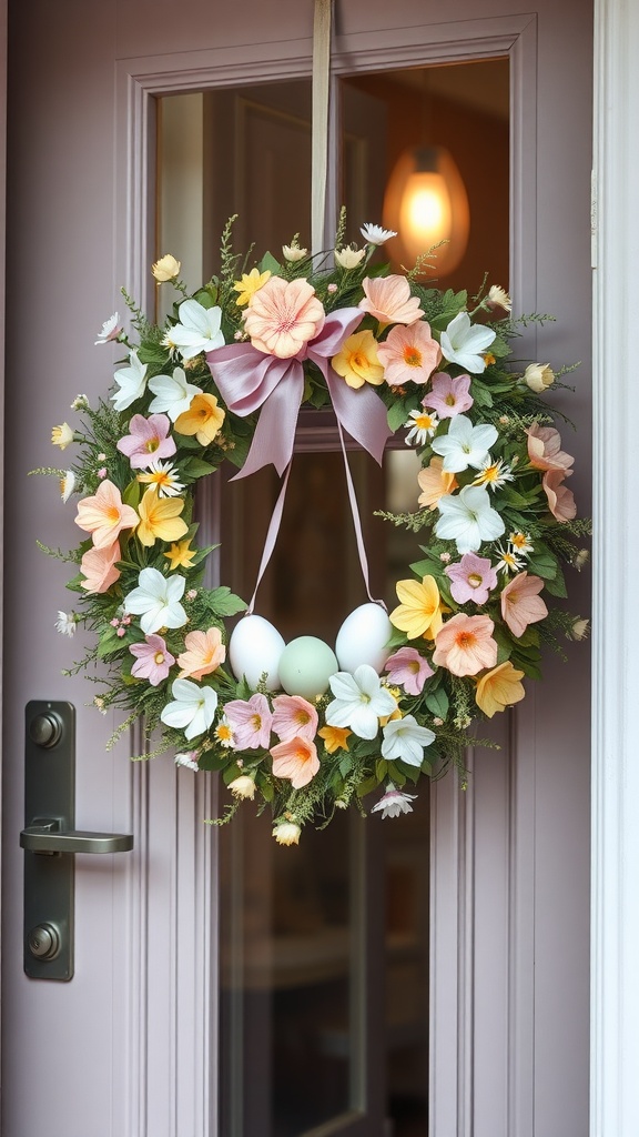 A pastel spring wreath decorated with flowers and eggs hanging on a door.