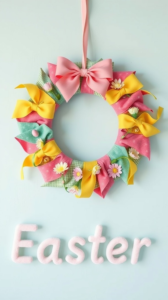 Colorful Easter wreath made of patchwork fabric with bows and flowers.