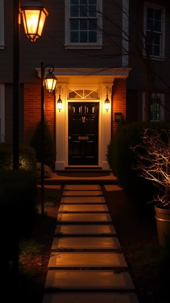 A beautifully lit outdoor entryway with pathway lights leading to a front door