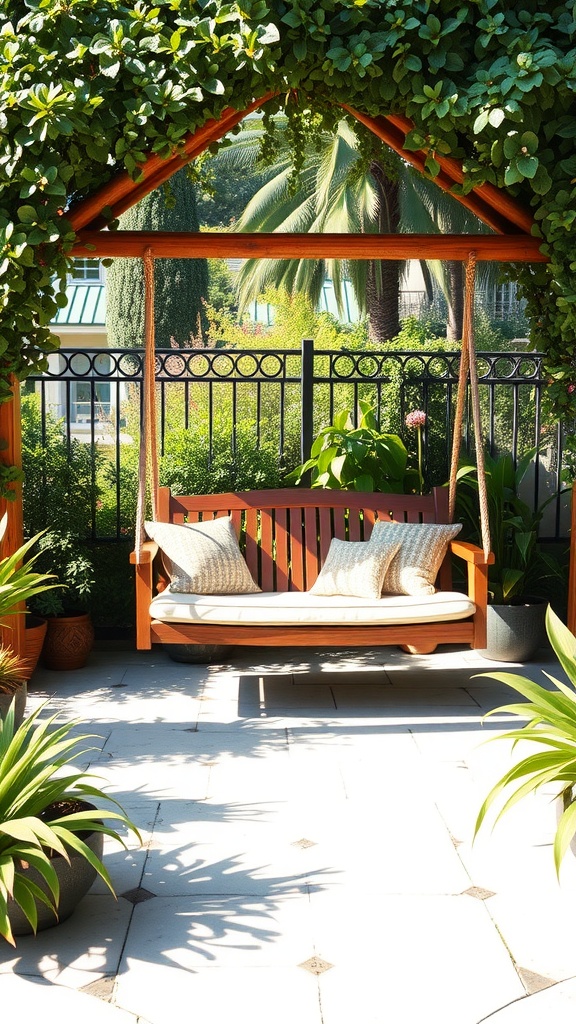 A beautiful free-standing porch swing under a green canopy with pillows, surrounded by potted plants.