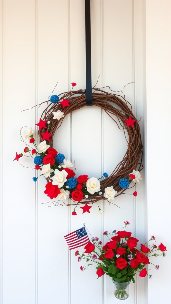 Patriotic grapevine wreath with red, white, and blue decorations