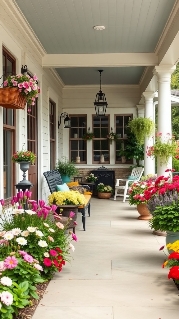 A cozy farmhouse front porch adorned with colorful flowers and comfortable seating.