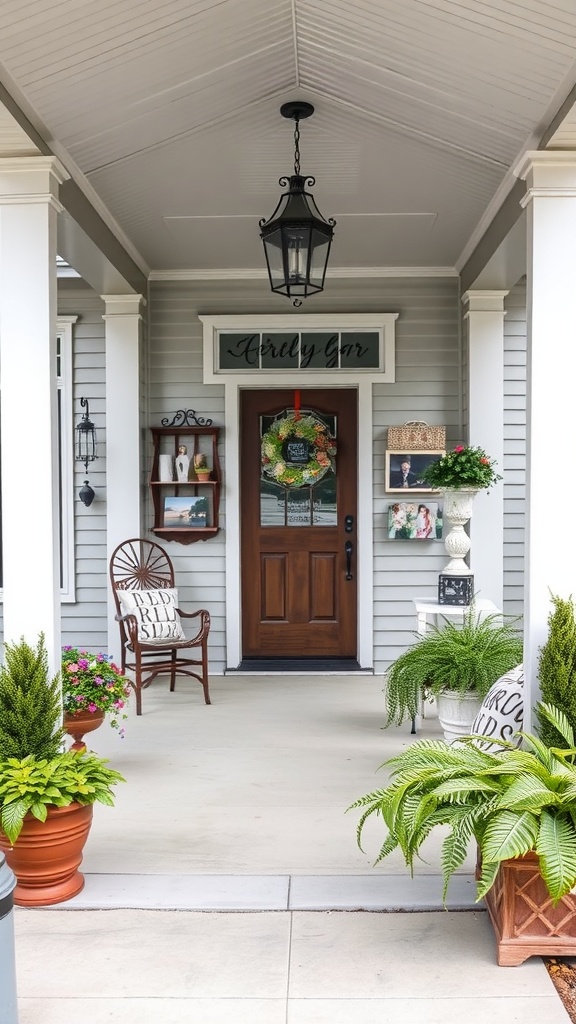 A rustic farmhouse entrance with a wrap-around porch, featuring decorative elements and plants.