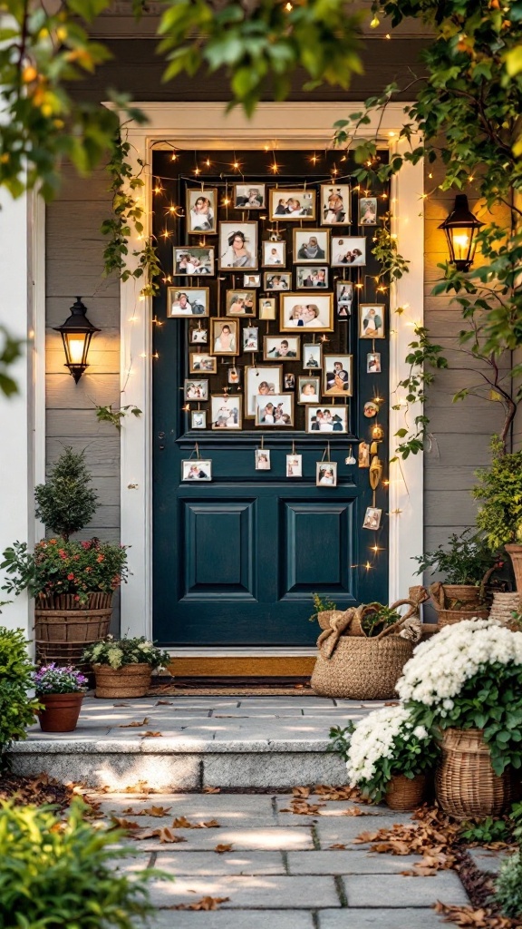 A porch decorated with family photos in various frames, surrounded by plants and flowers.