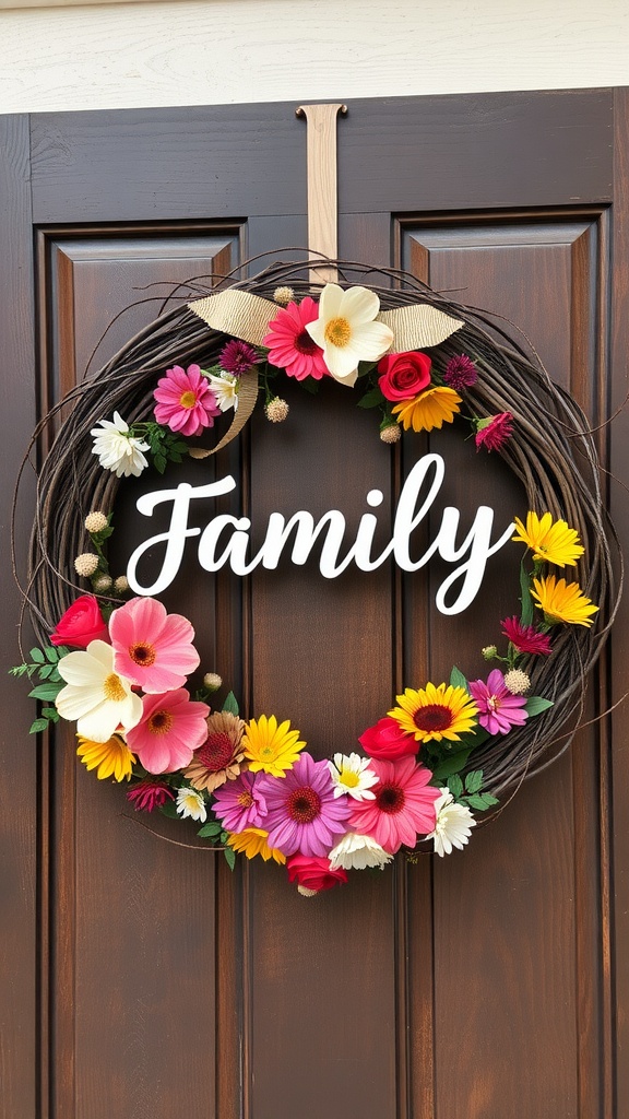 A personalized grapevine wreath with the word 'Family' and colorful flowers, hanging on a wooden door.