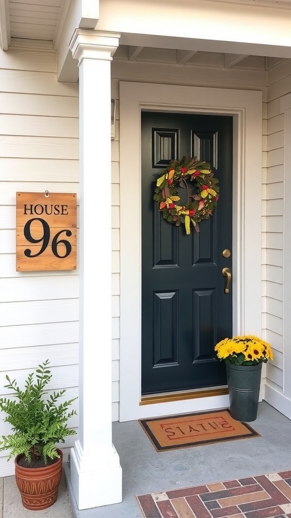 A stylish front porch with a personalized house number sign, potted plants, and a welcoming atmosphere.