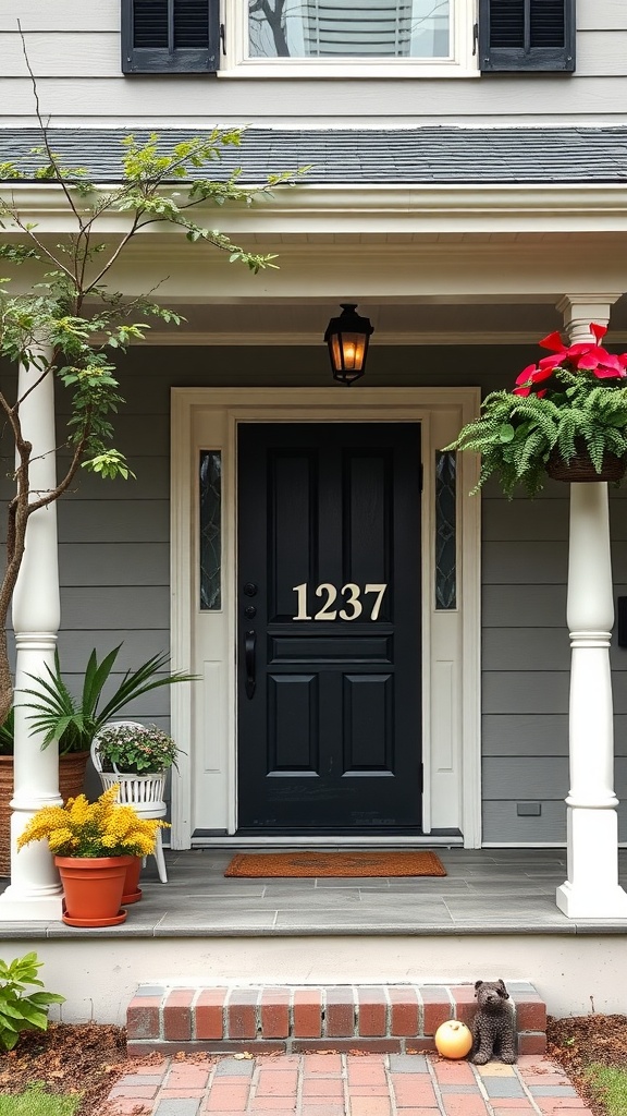 Front porch with personalized house numbers on a black door