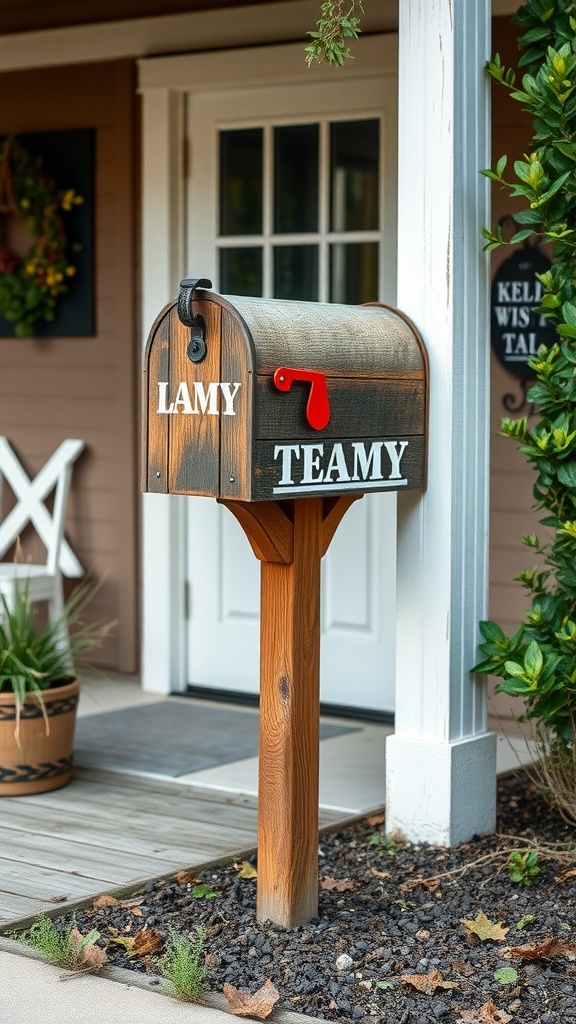 A personalized wooden mailbox with the names 'Lamy' and 'Teamy' on a farmhouse front porch.