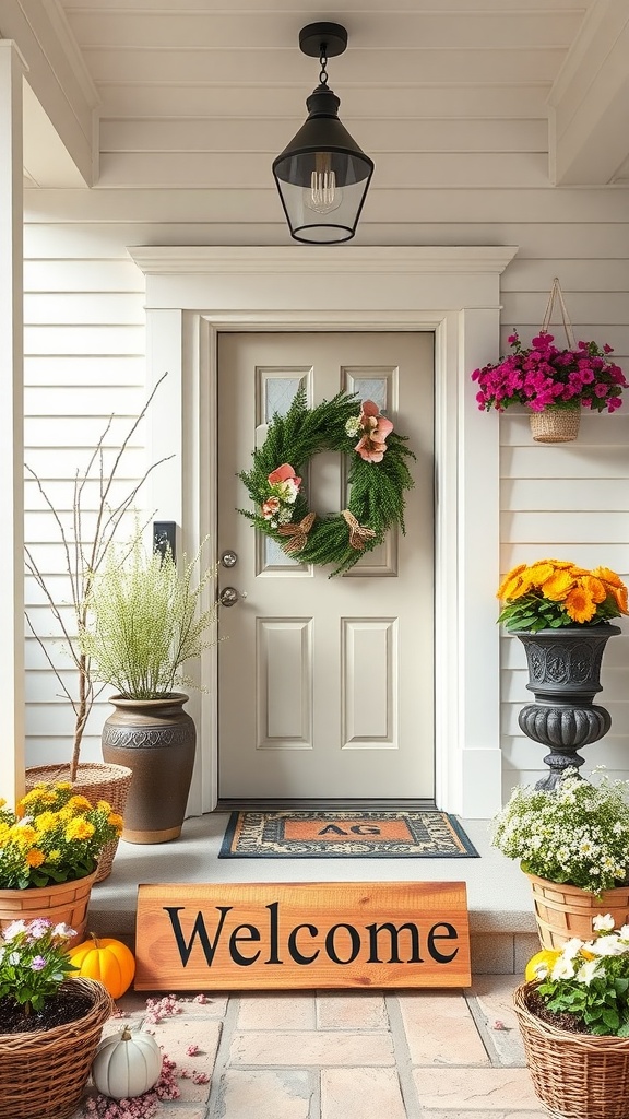 A cozy front porch decorated with a personalized wooden welcome sign, vibrant flowers in pots, and a green wreath on the door.