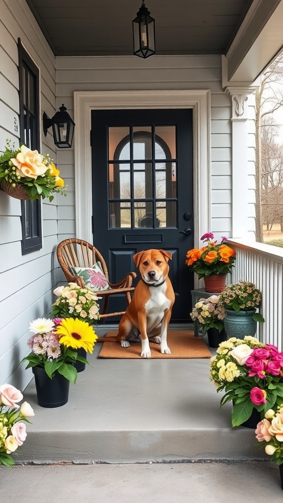 A front porch with colorful artificial flower arrangements and a dog sitting on a mat.