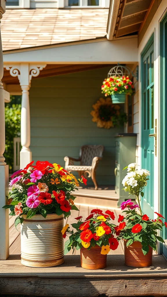 Colorful petunias in vintage tins on a farmhouse front porch