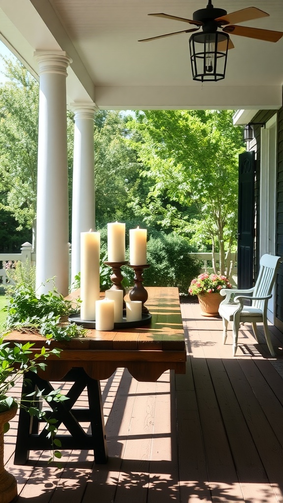 Farmhouse front porch with pillar candles on a table and hanging lanterns for lighting.