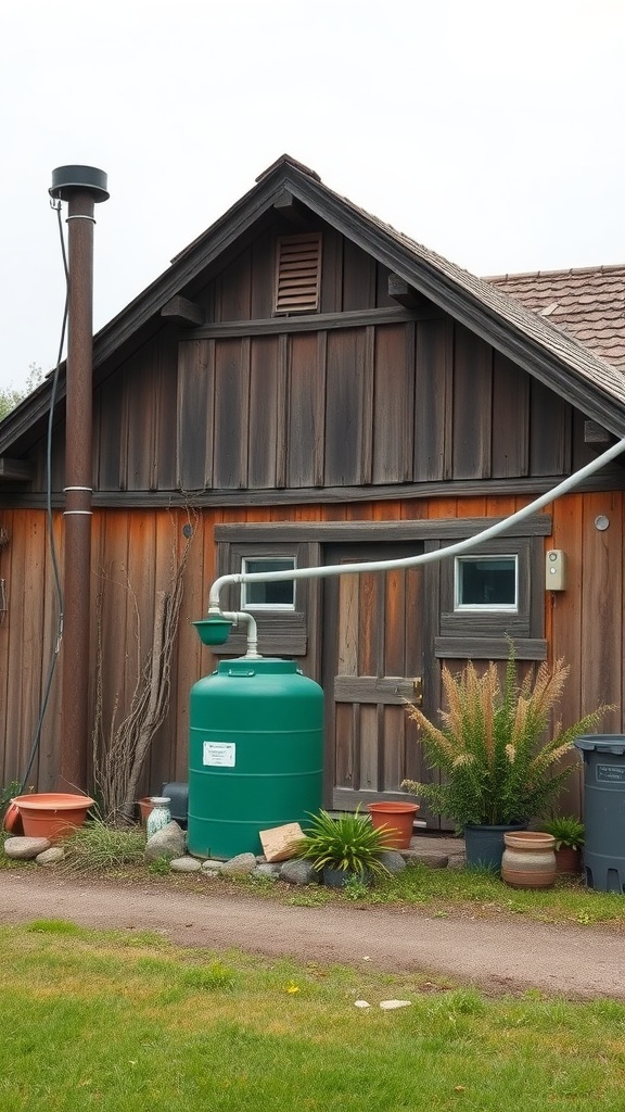 Rustic farmhouse with rainwater harvesting system and wooden exterior