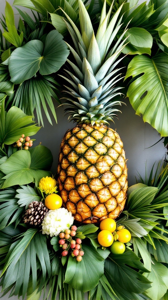 A decorative wreath featuring a pineapple surrounded by colorful tropical flowers and green leaves.