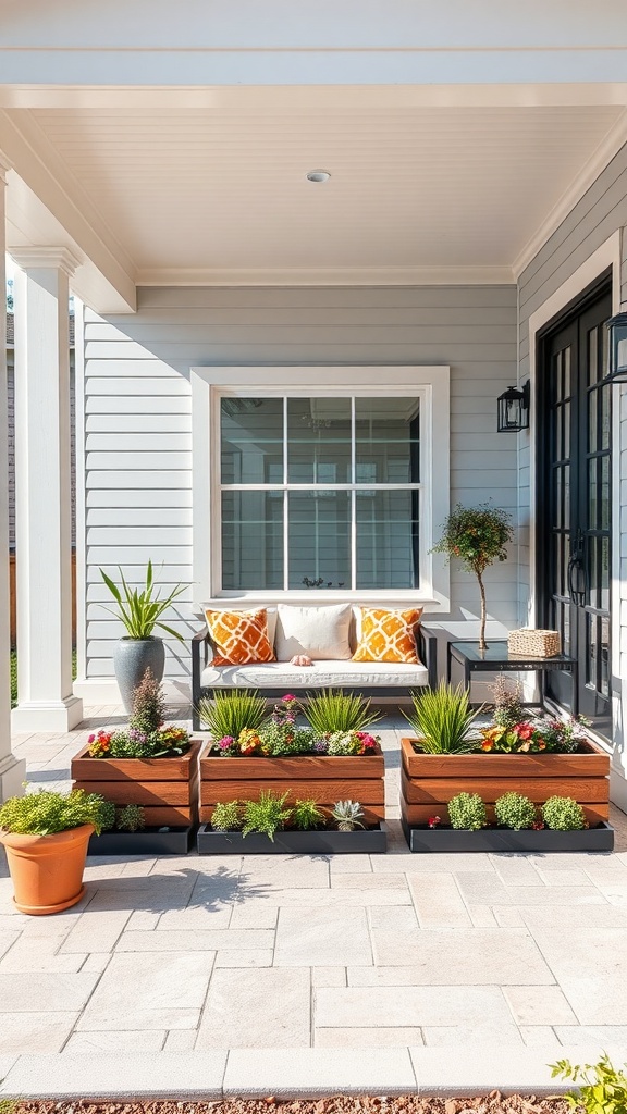 Modern front porch featuring planter boxes with built-in seating and decorative plants.