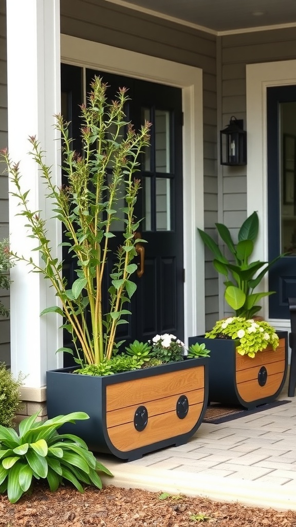 Modern front porch planters with built-in irrigation system