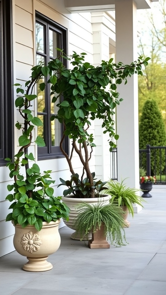 Three stylish planters with lush greenery on a modern front porch