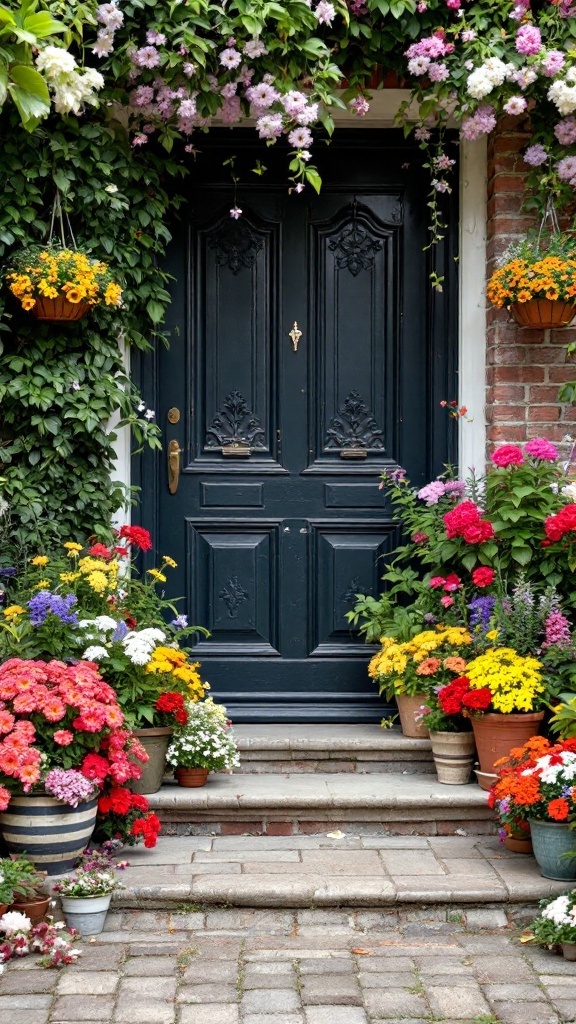 A vibrant outdoor entryway filled with various potted plants and flowers.