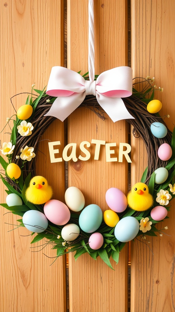 An Easter wreath featuring fluffy chicks, colorful eggs, and flowers, all adorned with a ribbon.