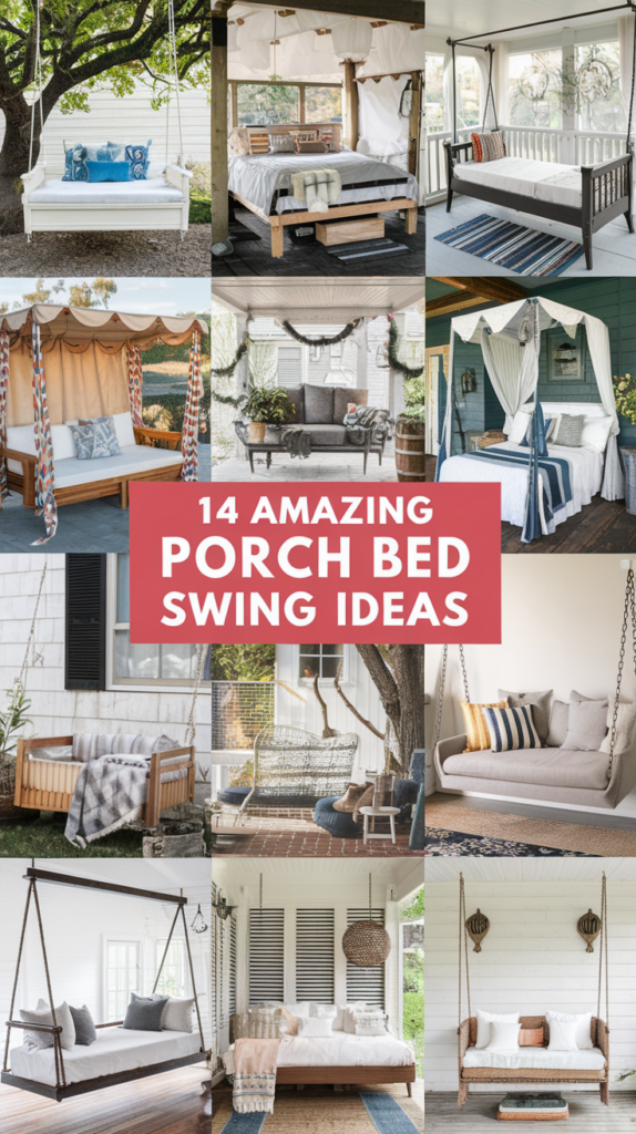 Collage of various porch bed swing designs, featuring different styles and settings, with a central text overlay saying "14 Amazing Porch Bed Swing Ideas."