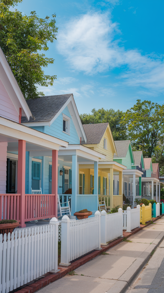 A row of colorful houses with white picket fences under a bright blue sky.