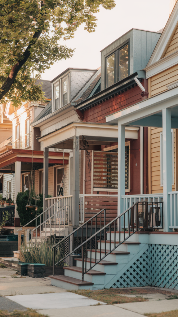 A row of colorful houses with front porches and steps, illuminated by warm sunlight, surrounded by greenery.