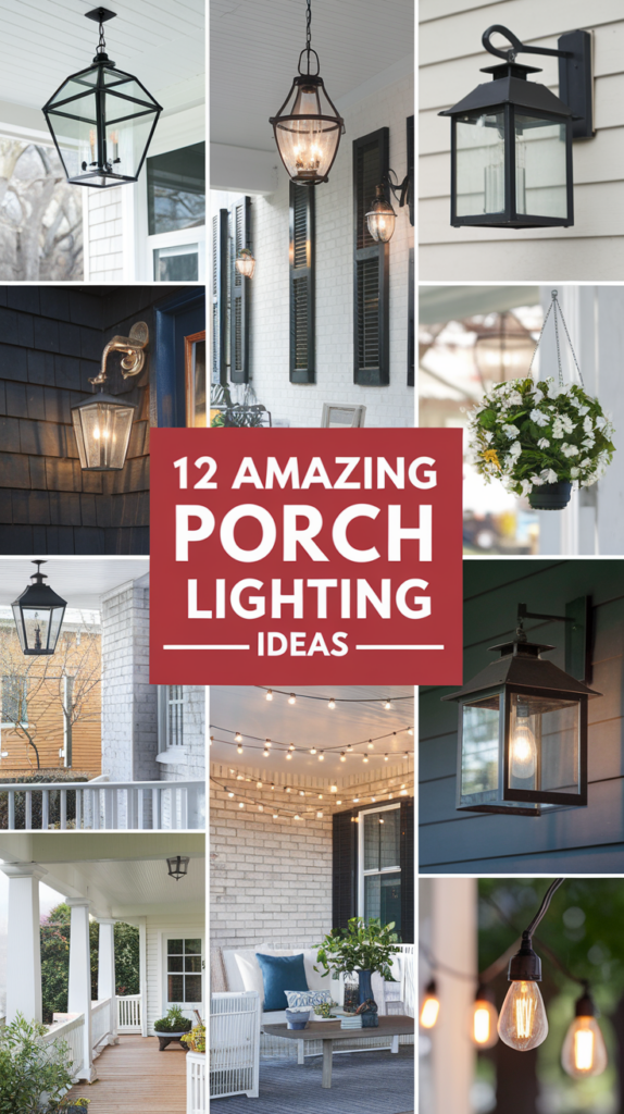 Collage of various porch lighting ideas including hanging lanterns, wall-mounted fixtures, and string lights, with text '12 Amazing Porch Lighting Ideas' in the center.