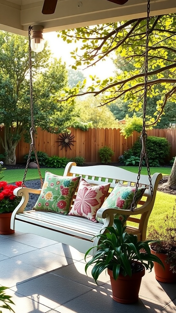 A free standing porch swing with colorful pillows surrounded by plants in a sunny backyard.