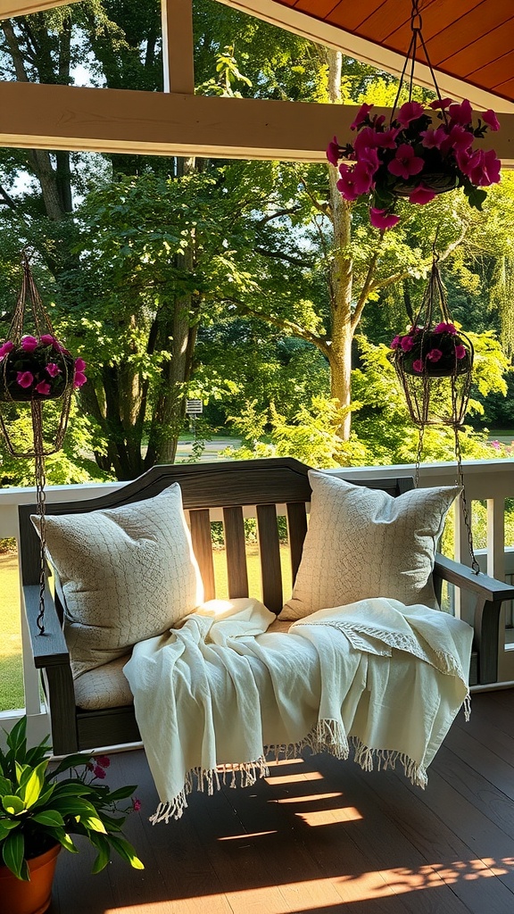 A cozy porch swing bed with plush cushions and a blanket, surrounded by greenery.