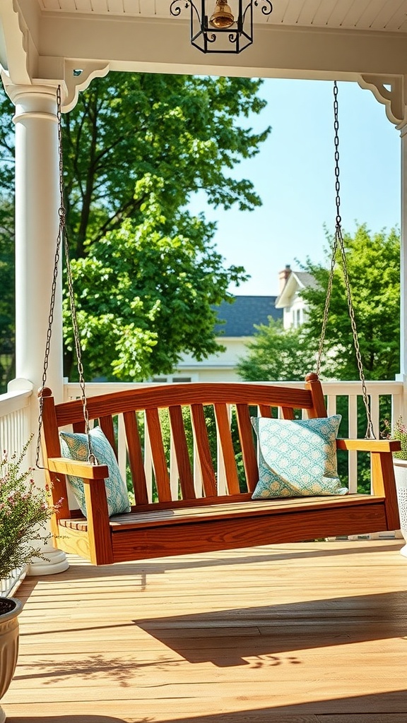 A beautiful freestanding porch swing with blue patterned pillows, surrounded by greenery.