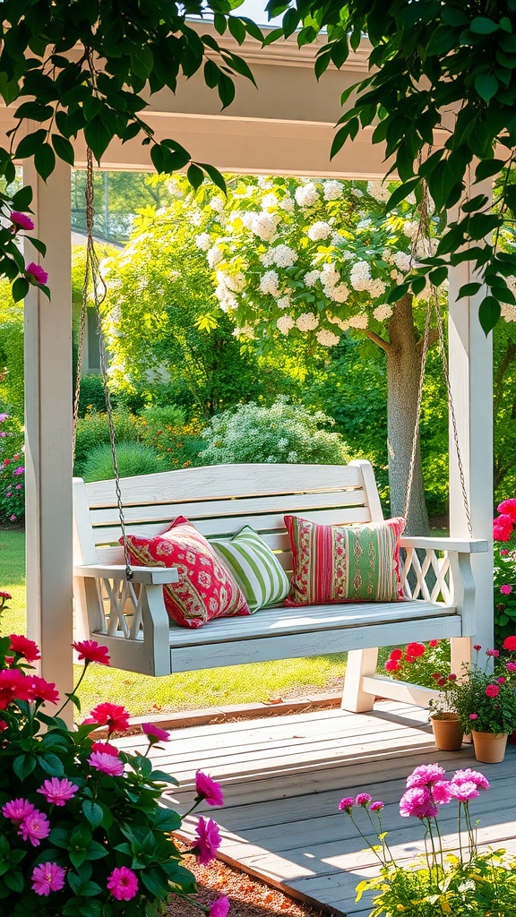 A beautiful free standing porch swing surrounded by colorful flowers in a sunny garden.