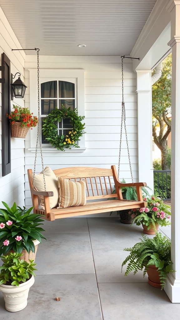 A wooden porch swing decorated with cushions, surrounded by potted plants on a farmhouse front porch.