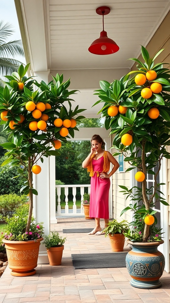 Image of potted citrus trees on a front porch with a woman in a pink dress