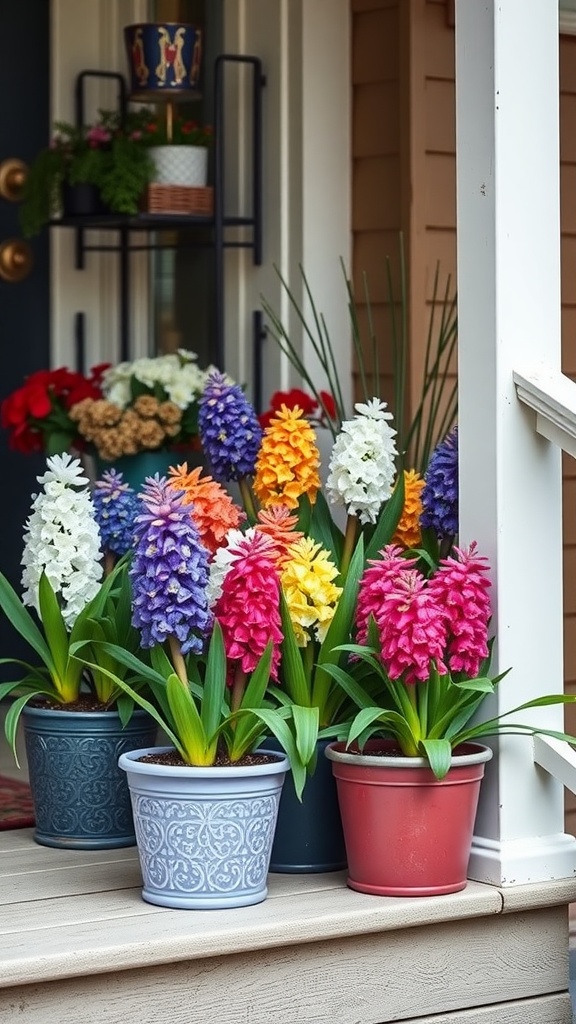 Colorful potted hyacinths in bloom on a front porch