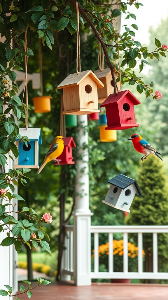 Colorful birdhouses hanging from a branch with birds nearby