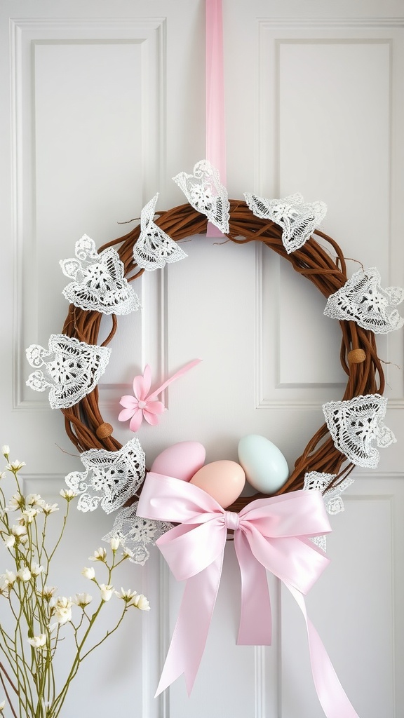 Easter wreath with lace and ribbon details