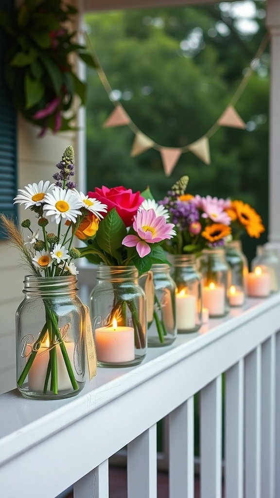 Mason jars filled with flowers and candles on a porch railing